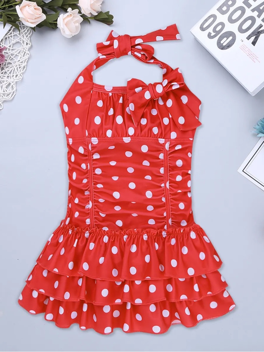 Girls' Red Polka Dot Ruffle Padded Halter Swimsuit